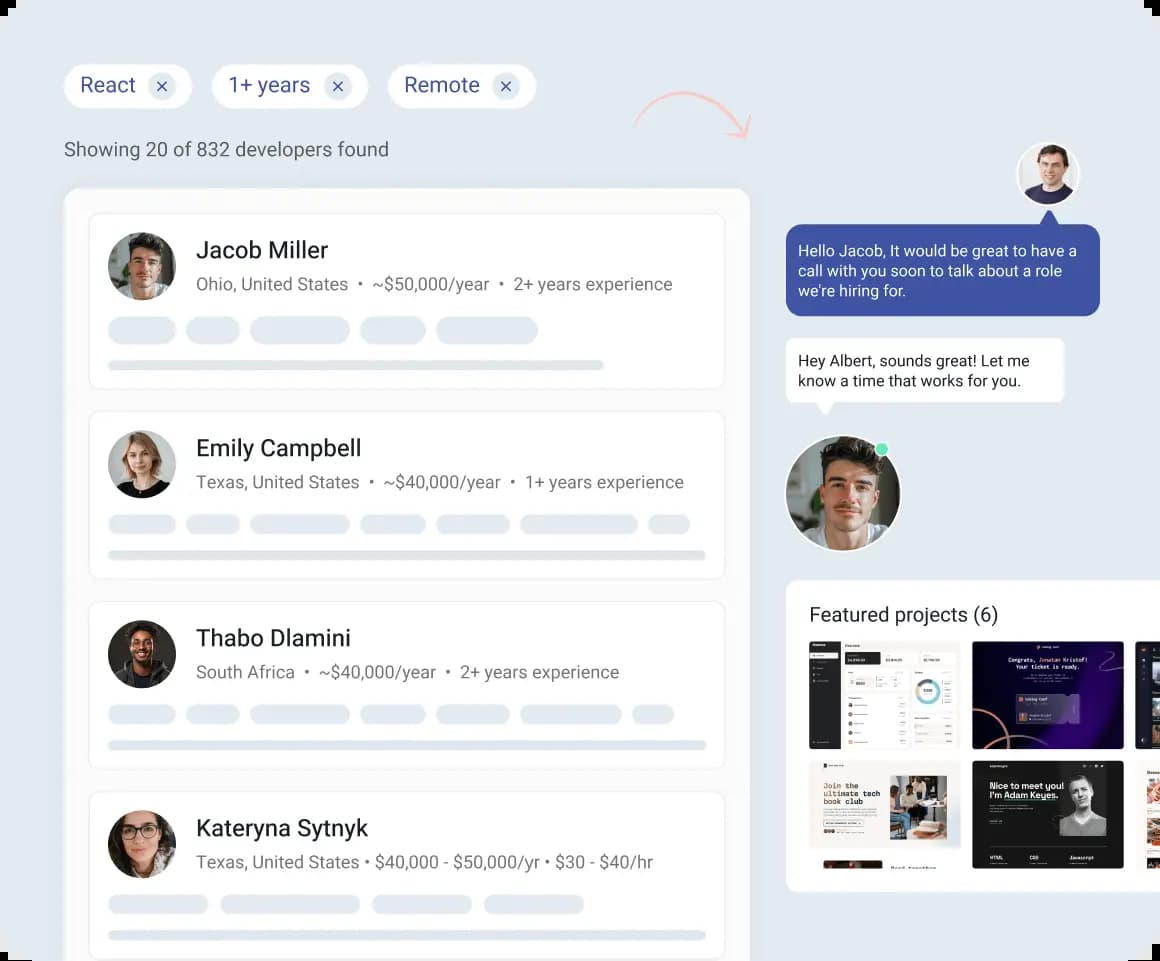 Frontend Mentor Hiring platform interface showing developer profiles and skills assessment