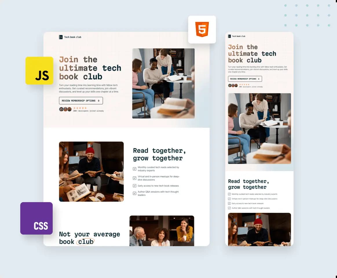 Landing page in desktop and mobile views with icons of various popular front-end technologies