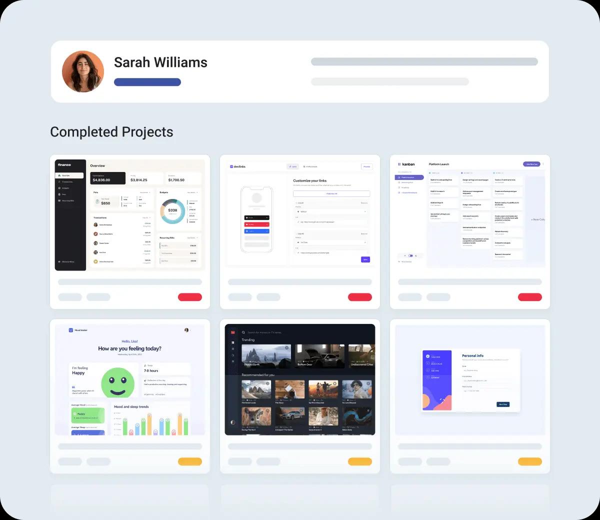 Design mockups of several projects, including a dashboard, a landing page, and a web app.