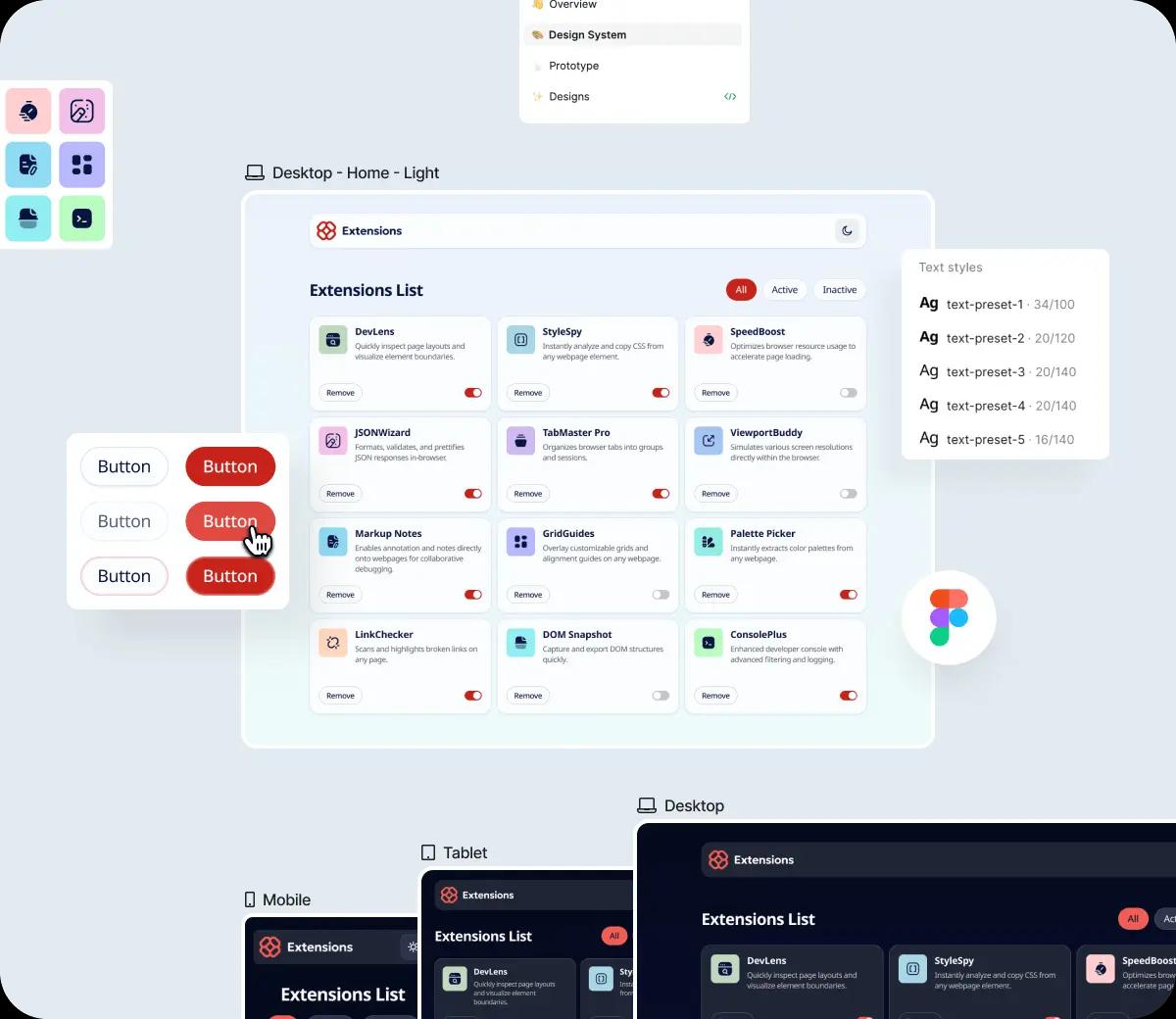 Design mockup of project in mobile, tablet, and desktop layouts, with light/dark theme and type system