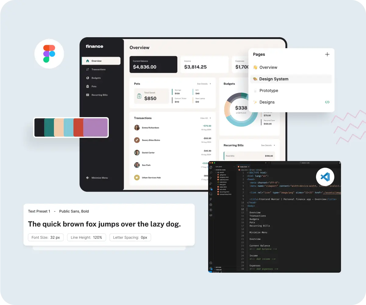Design mockup with components and color scheme, and a code editor.