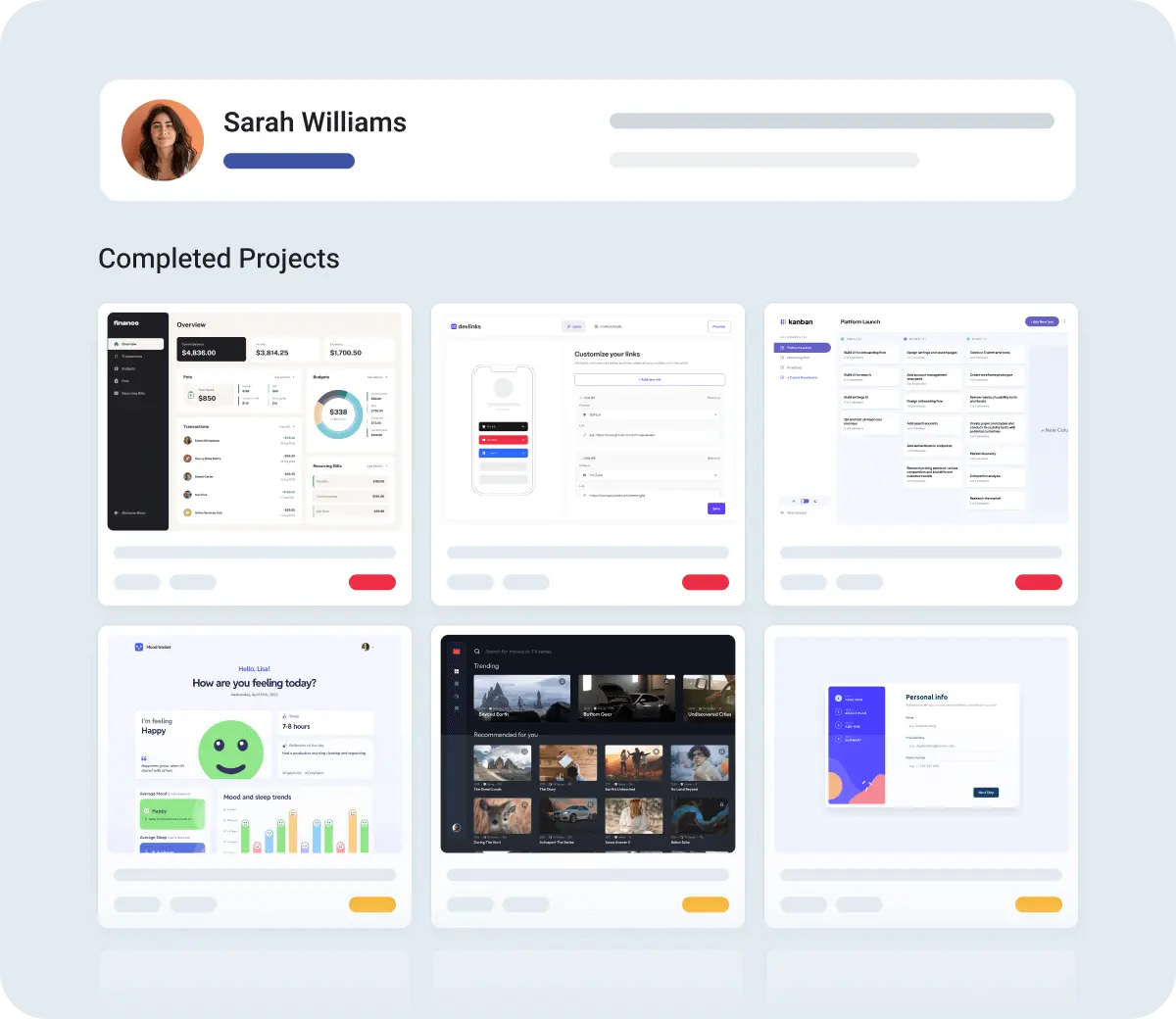 Design mockups of several projects, including a dashboard, a landing page, and a web app.