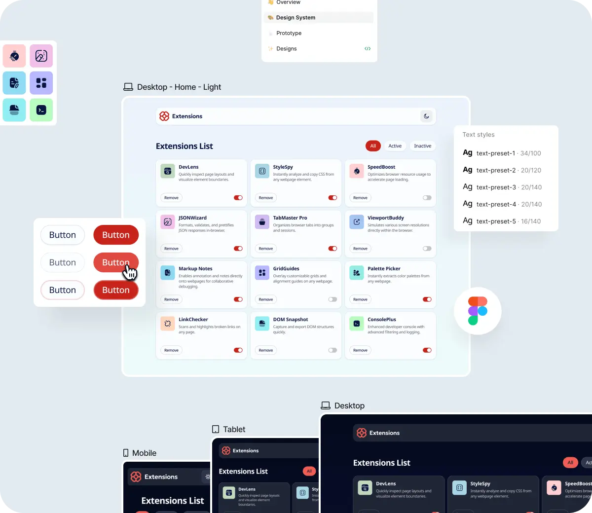Design mockup of project in mobile, tablet, and desktop layouts, with light/dark theme and type system